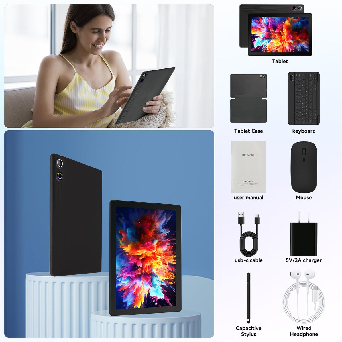 Android 16 Tablet with Keyboard Mouse Stylus Case, 64GB ROM 10.1 inch HD IPS Screen, 6000mAh Battery, WiFi 6 Tablets Bundle Q74185