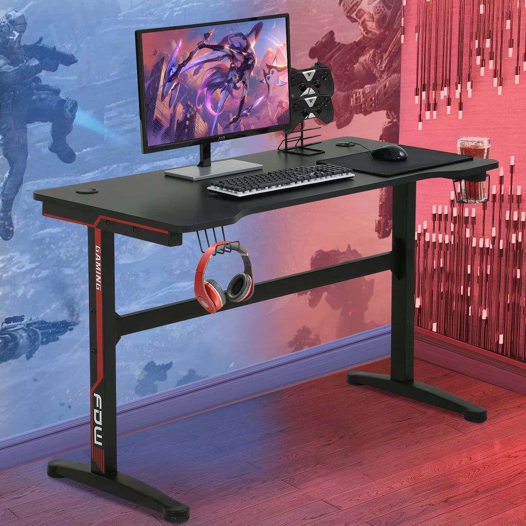47 Inch T-Shaped Gaming Desk with Headphone Hook and Cup Holder C15000