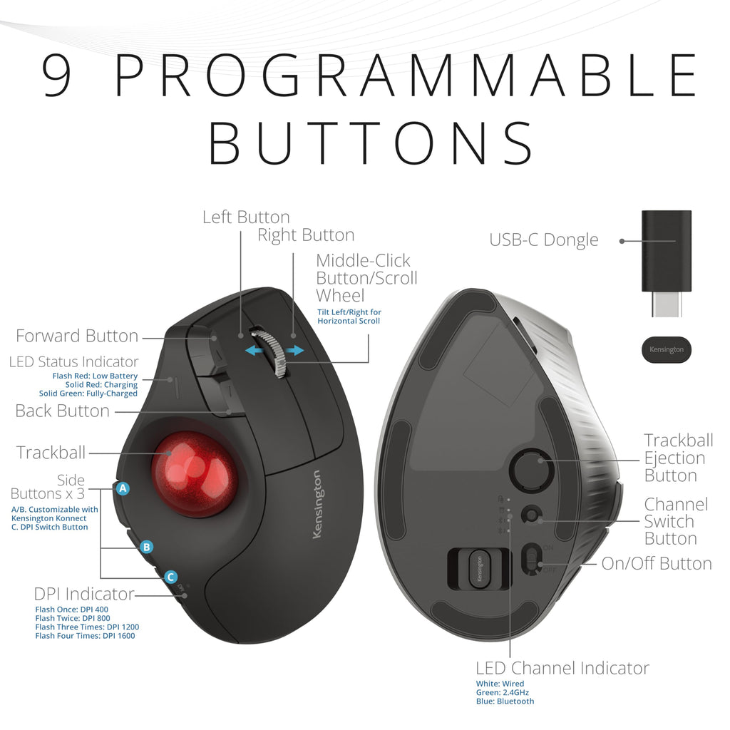 Wireless Vertical Trackball Mouse, Rechargeable - Black N9749