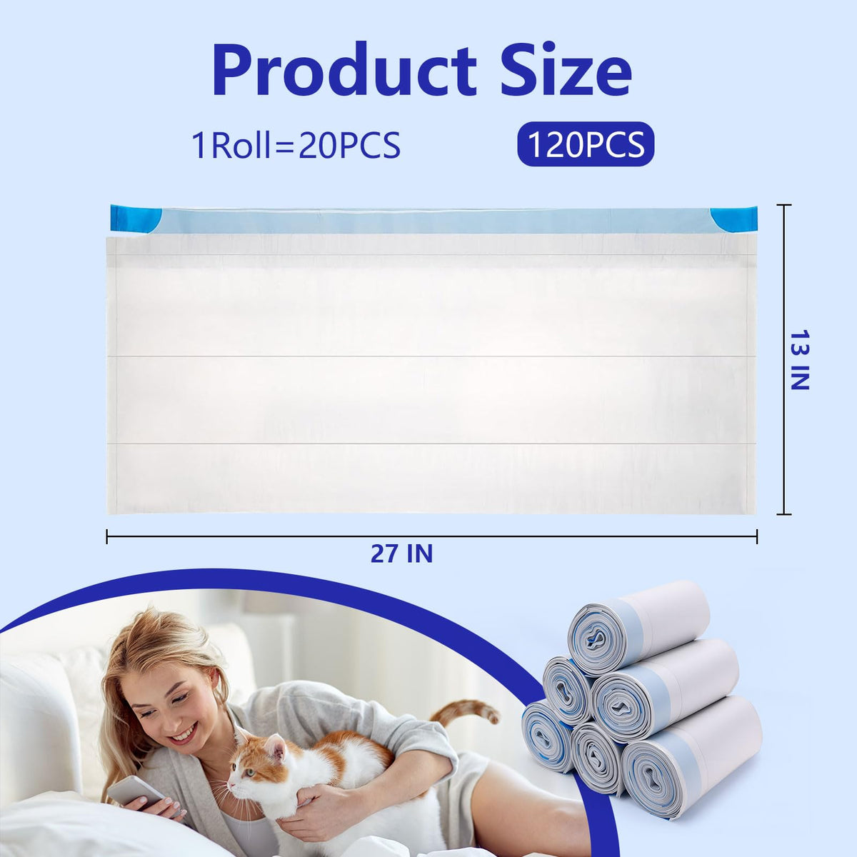 120 Count Cat Litter Box Bags, Extra Thick Heavy Duty Liners, Unscented, 27" x 13" A12080