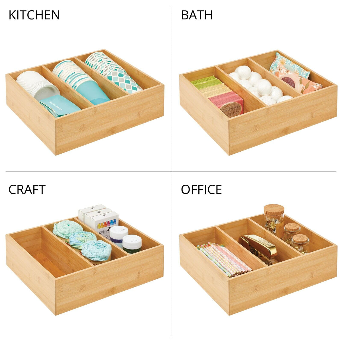 Bamboo 3 Section Stackable Pantry Organizer Bin, 2 Pack D680