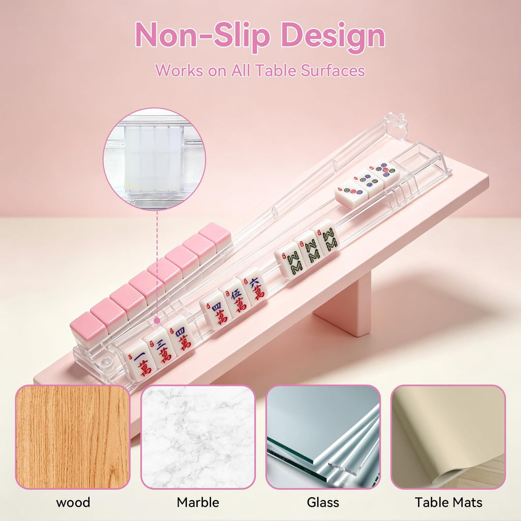 Set of 4 Non-Slip Clear Acrylic Mahjong Racks with Pushers E1304