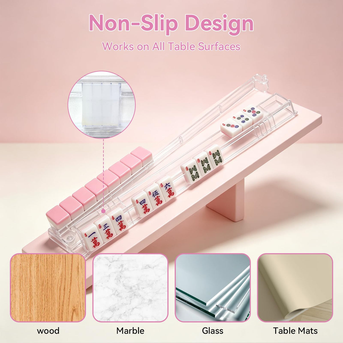 Set of 4 Non-Slip Clear Acrylic Mahjong Racks with Pushers E1304