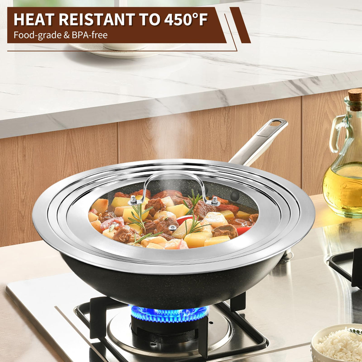 15 Inch Universal Lid for Pots Pans and Skillets, Stainless Steel Tempered Glass F911193