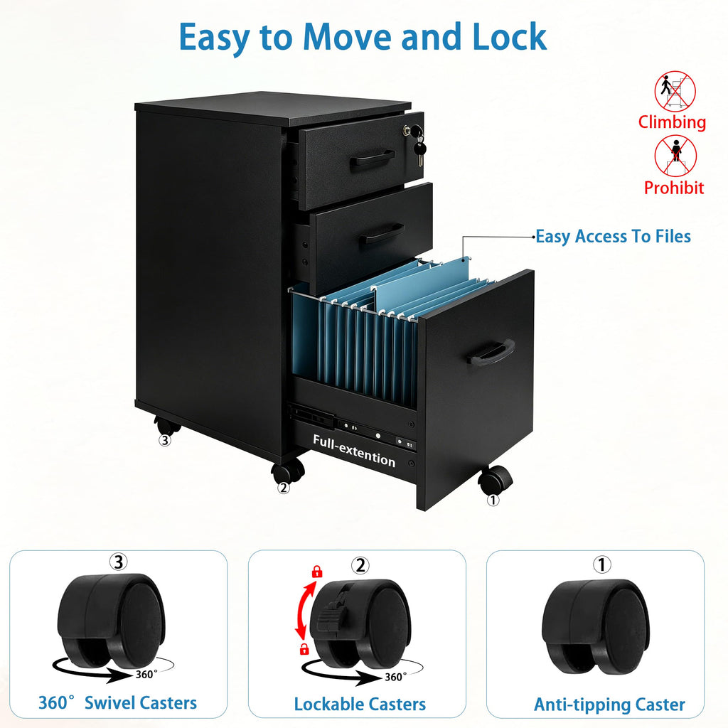 3 Drawer Black Wood File Cabinet with Lock M213712