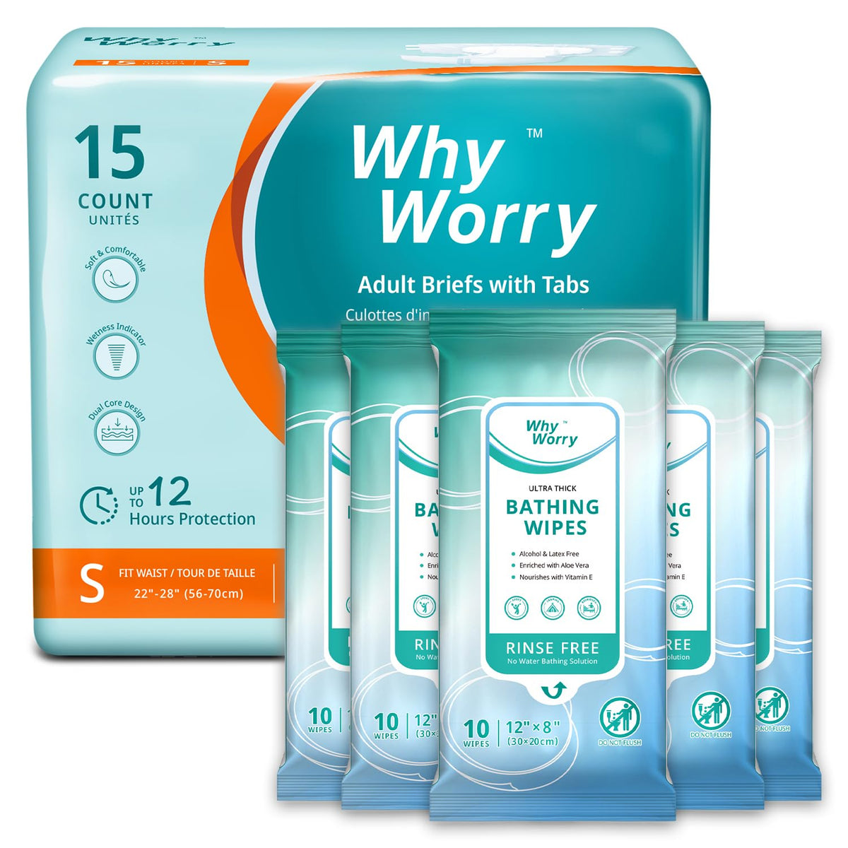 Small Adult Diapers with Tabs, 15 Count & Ultra Thick Bathing Wipes J5168