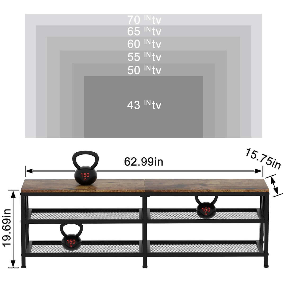 63" TV Stand with 3-Tier Storage Shelves E2338