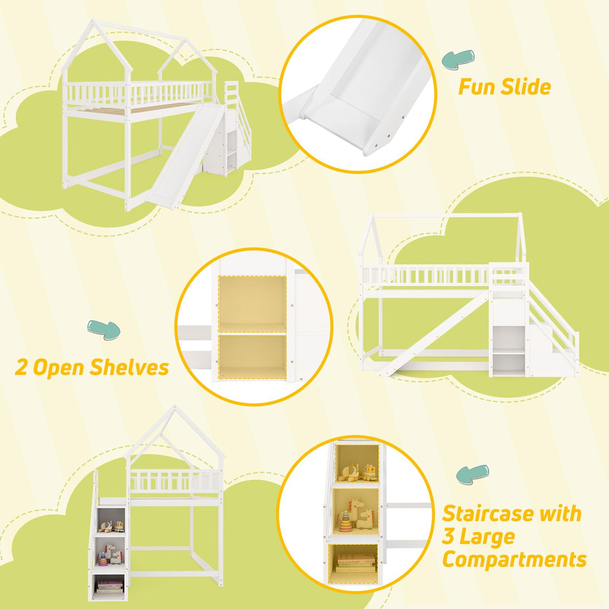 White Twin Over Twin Wood Bunk Bed with Slide and Stairs P58095