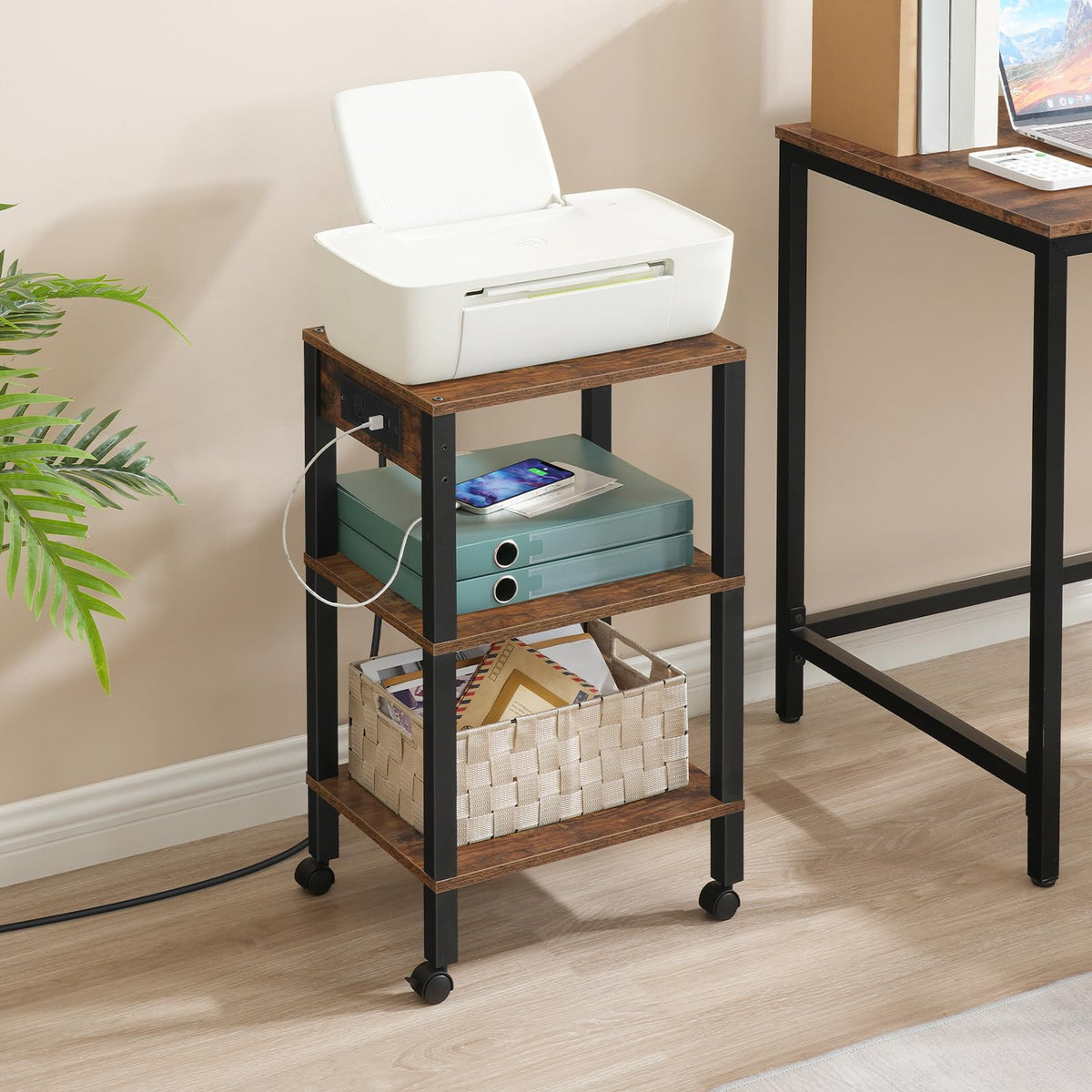 3-Tier Printer Stand with Charging Station and Storage Shelves V31586