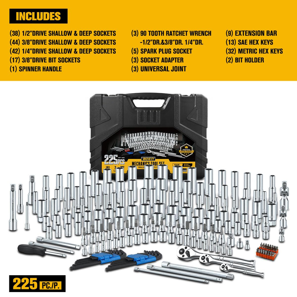 225PCS Mechanic Tool Set, 1/4" & 3/8" & 1/2" Drive Socket Wrench Set, Metric and Standard with 90-Tooth Ratchet E892