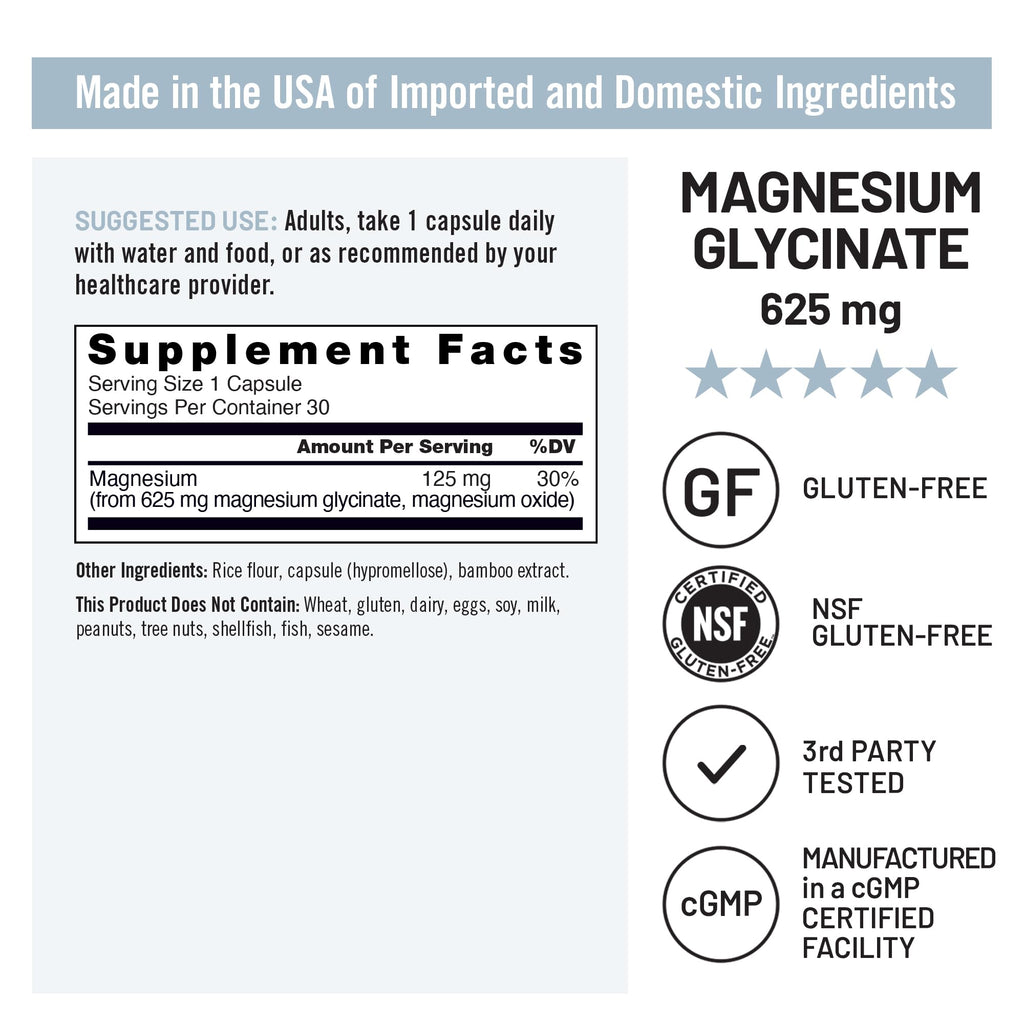 Magnesium Glycinate 625 mg Vegan 30 Capsules H12208