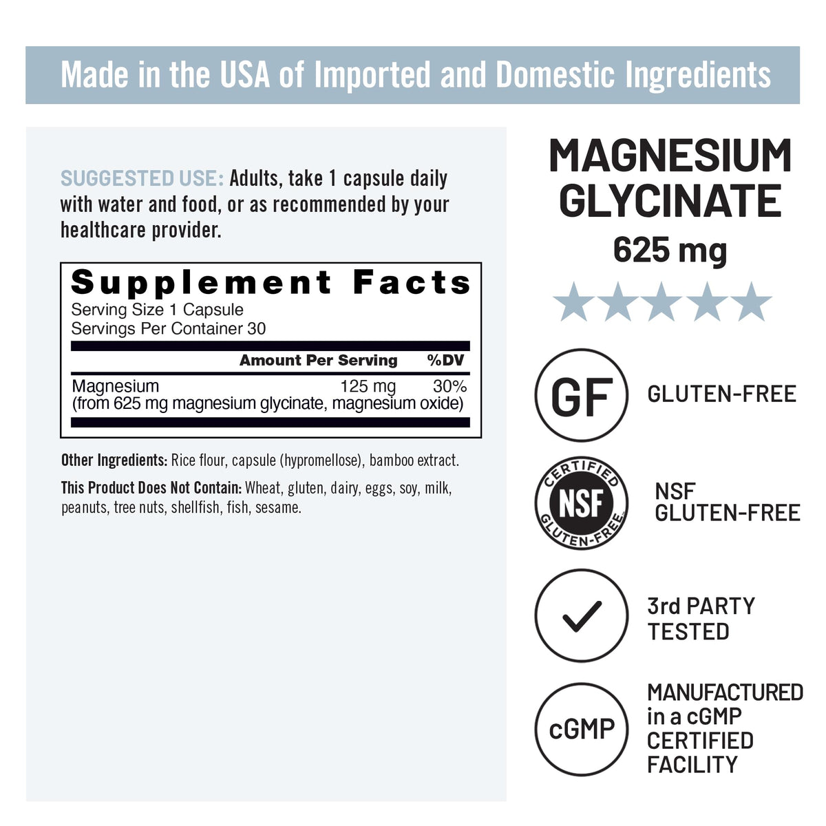 Magnesium Glycinate 625 mg Vegan 30 Capsules H12208