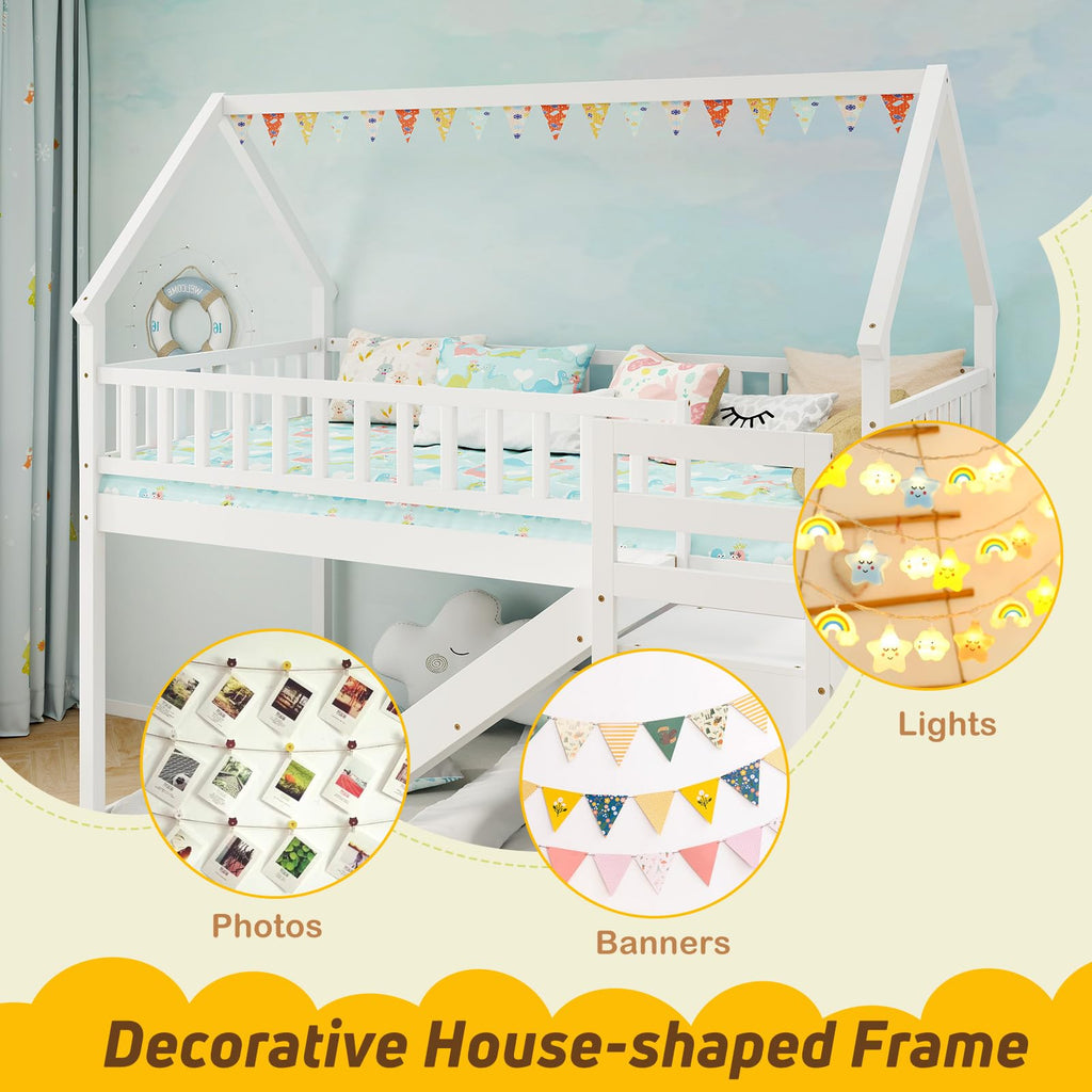 White Twin Over Twin Wood Bunk Bed with Slide and Stairs P58095