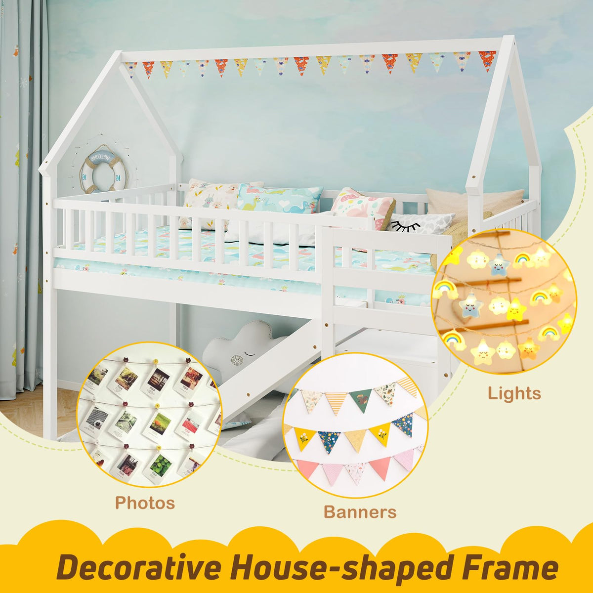 White Twin Over Twin Wood Bunk Bed with Slide and Stairs P58095