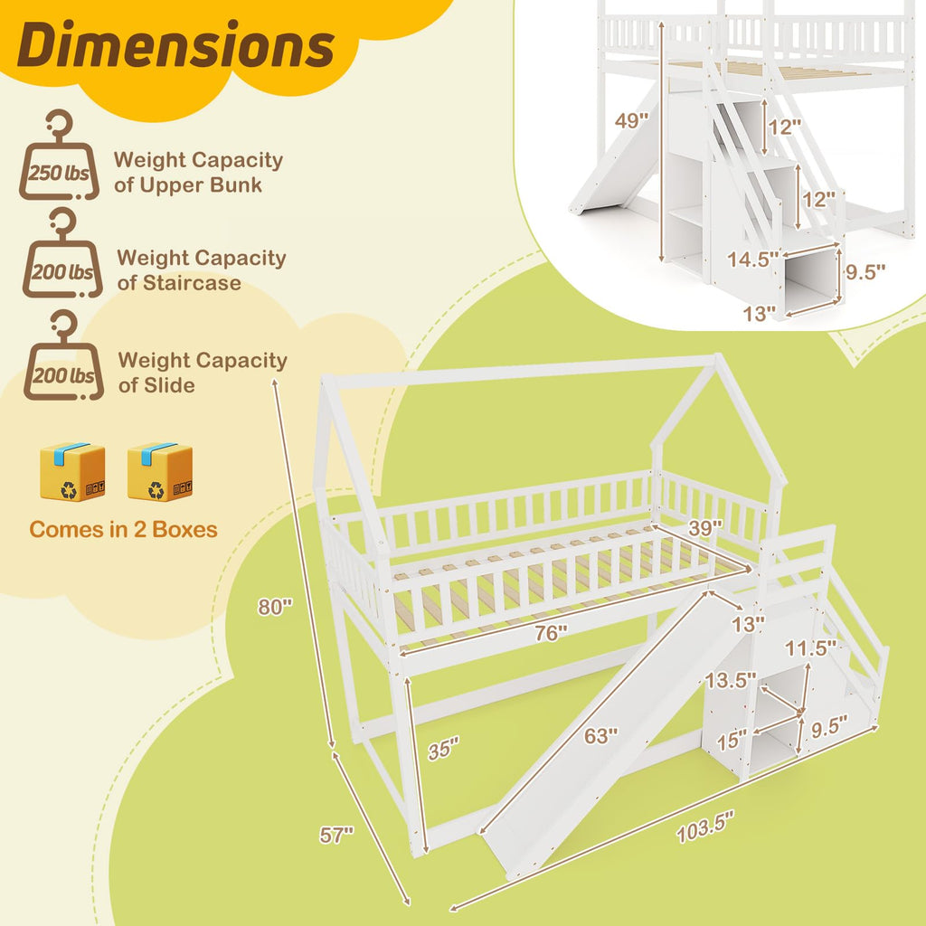 White Twin Over Twin Wood Bunk Bed with Slide and Stairs P58095