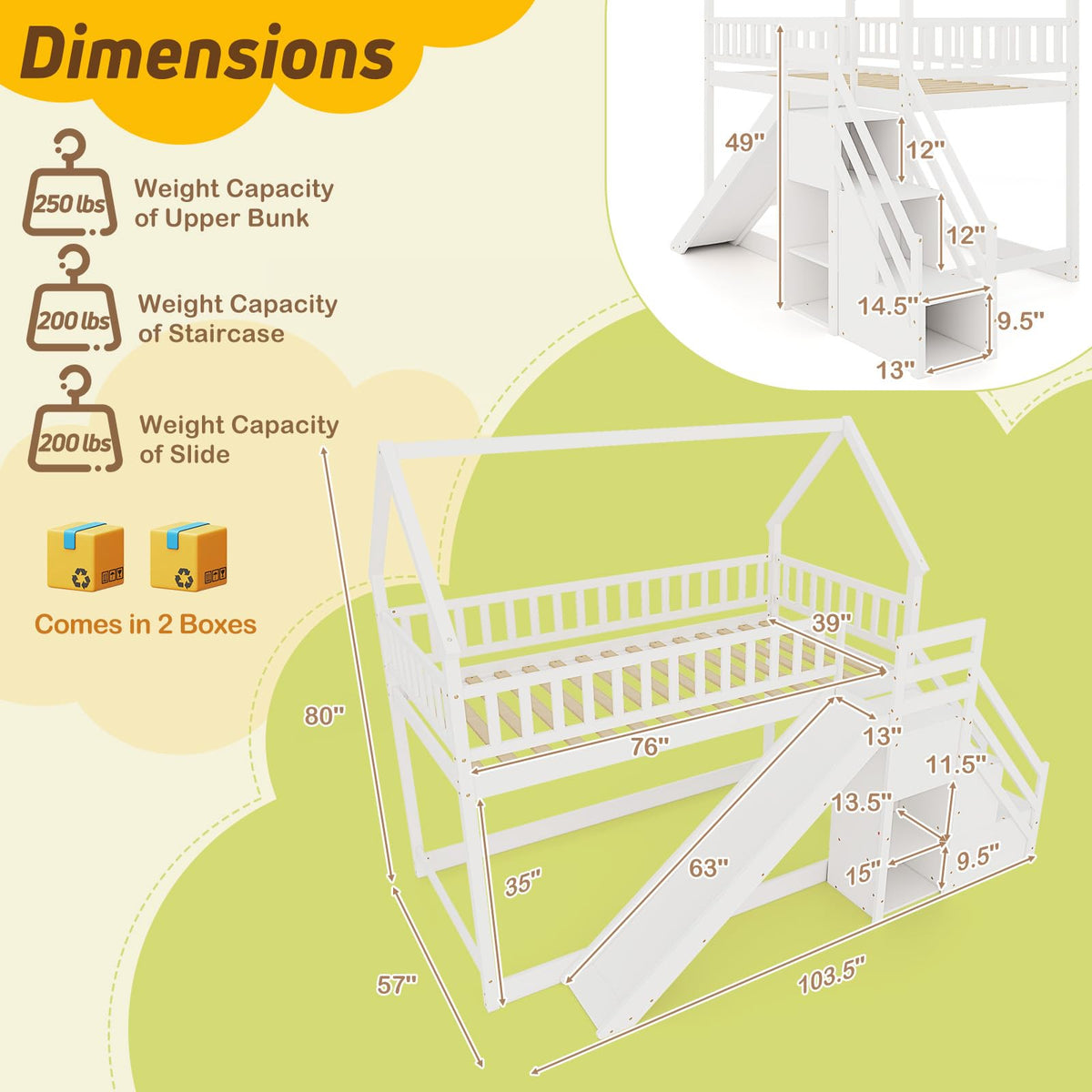 White Twin Over Twin Wood Bunk Bed with Slide and Stairs P58095