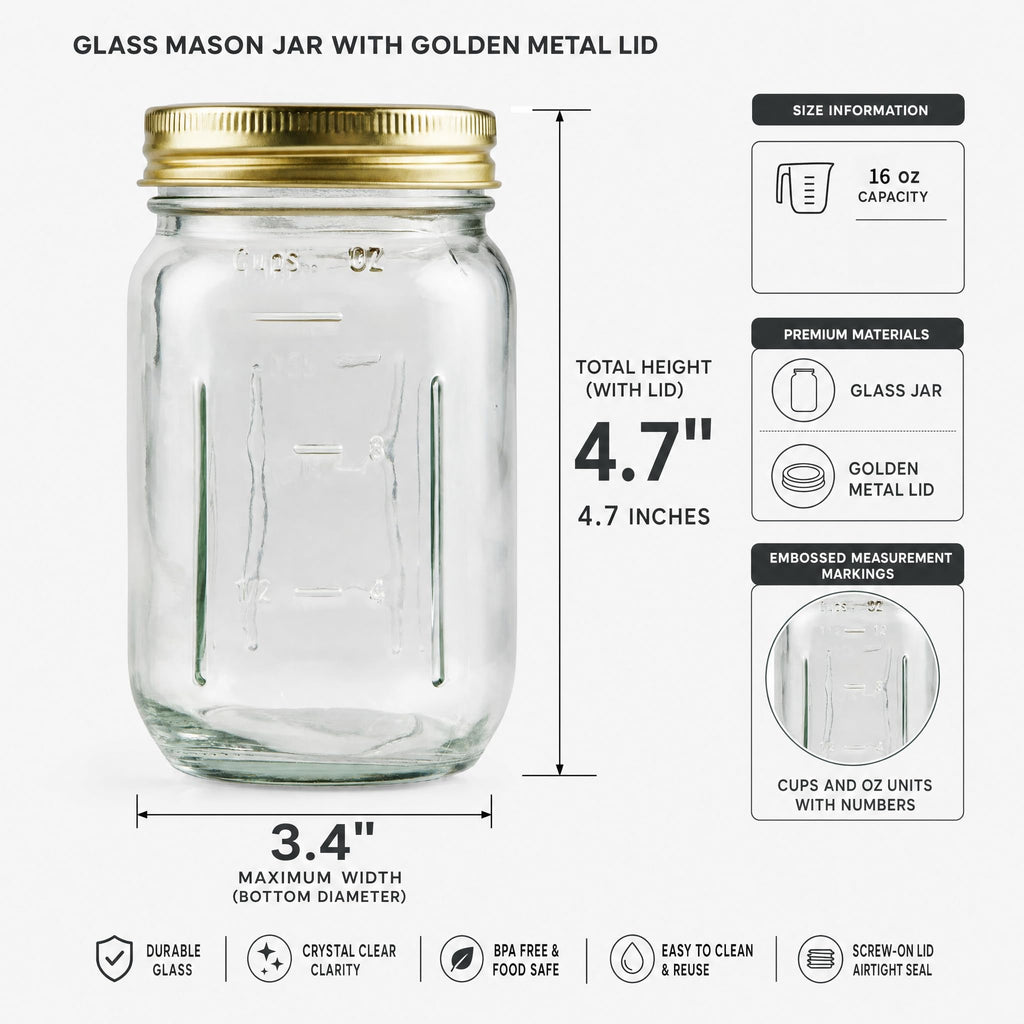 16 oz Glass Mason Jars with Lids and Bands, 12 Pack A797