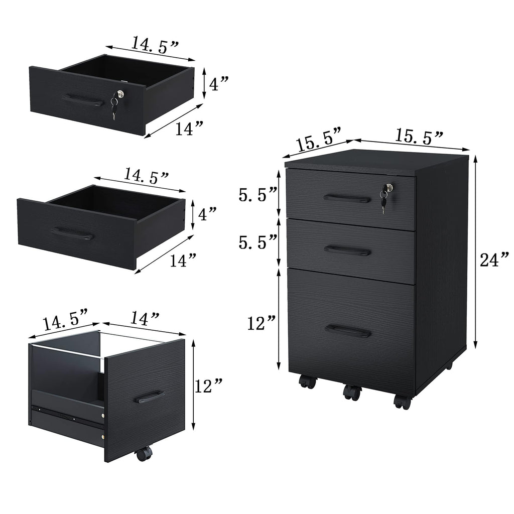 3 Drawer Black Wood File Cabinet with Lock M213712