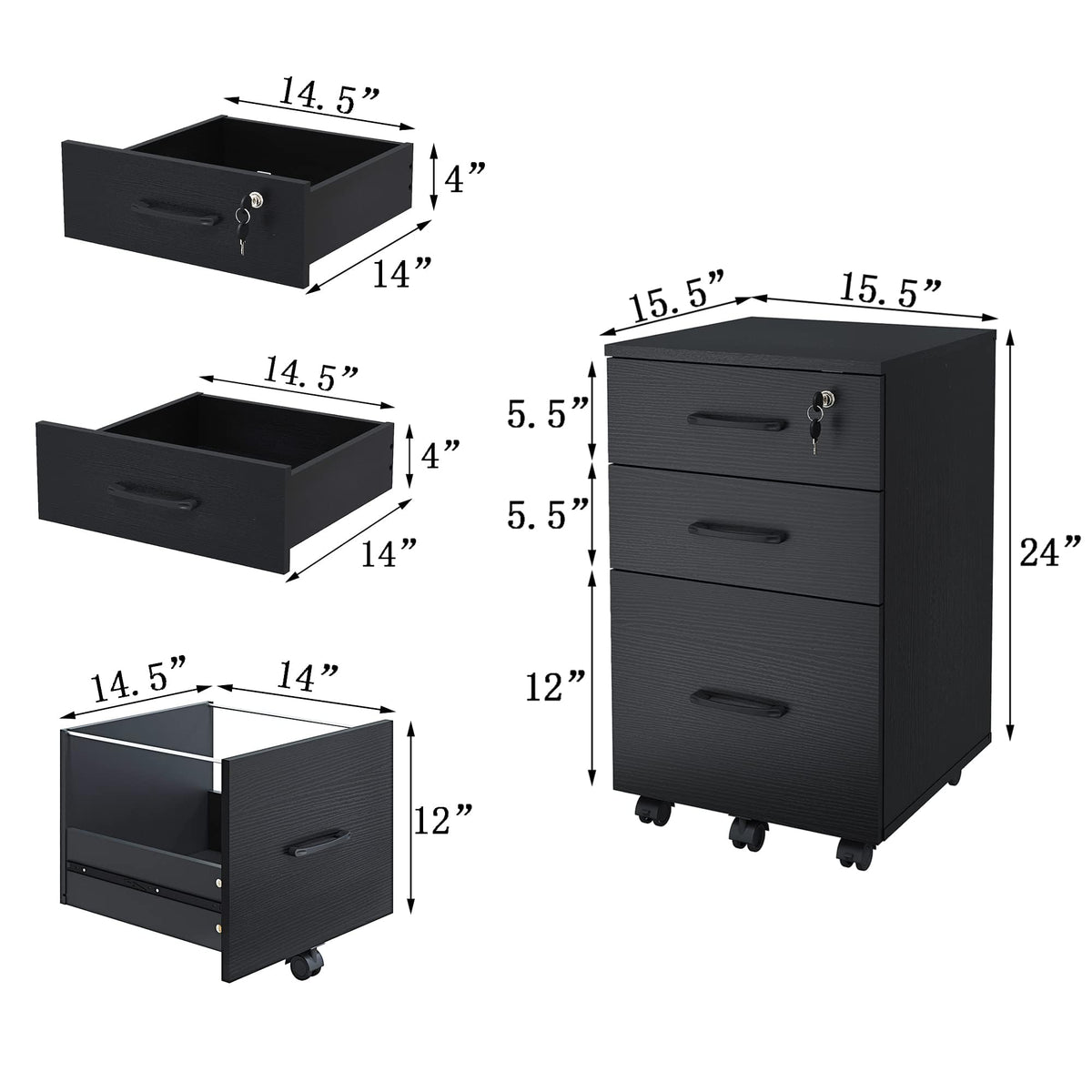 3 Drawer Black Wood File Cabinet with Lock M213712