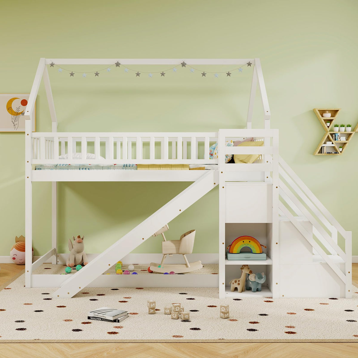White Twin Over Twin Wood Bunk Bed with Slide and Stairs P58095