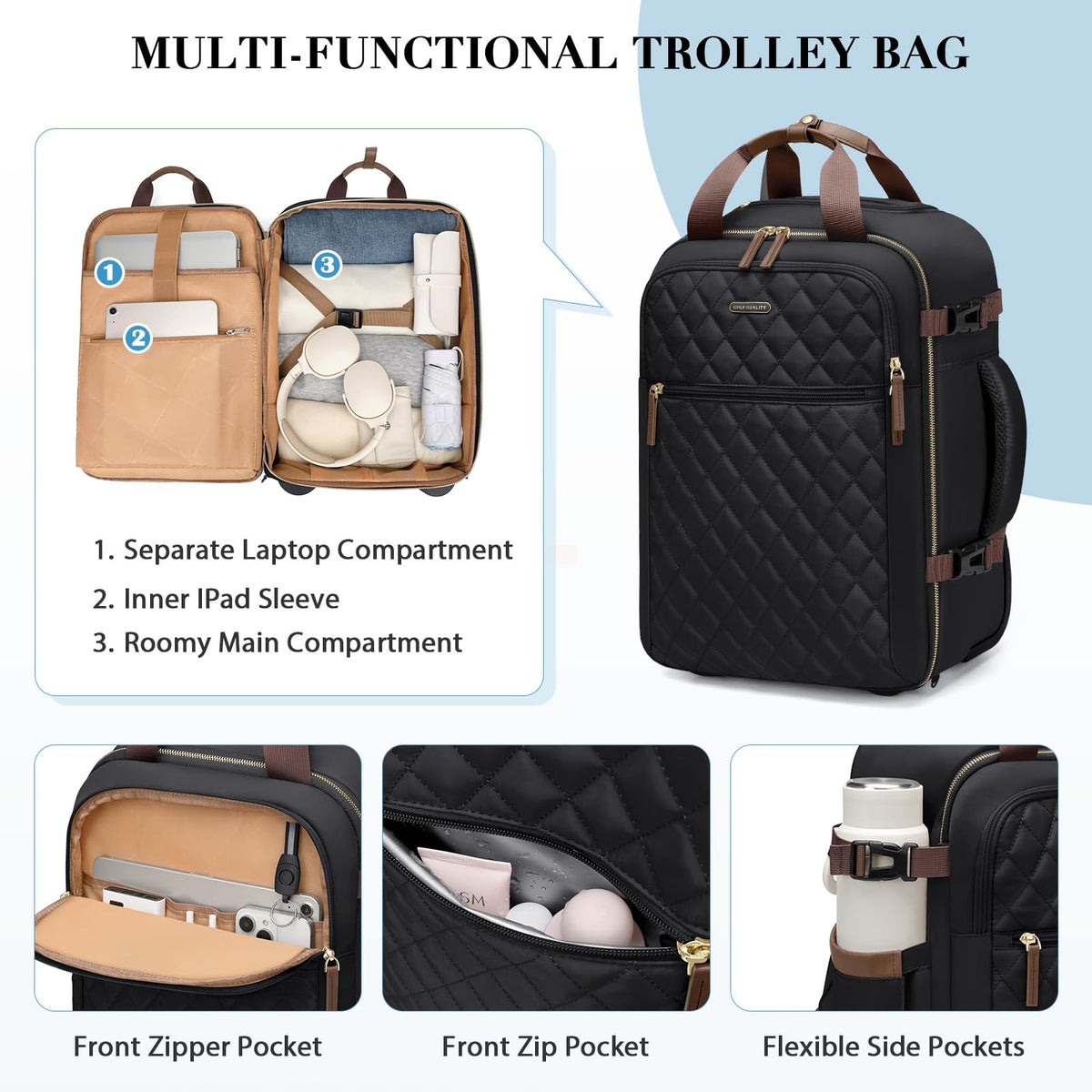 Black Rolling Laptop Backpack with Wheels O330