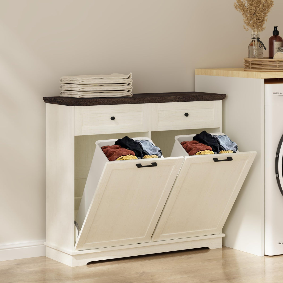 20 Gallon Double Tilt Out Wood Trash Can Cabinet with Drawer V10751