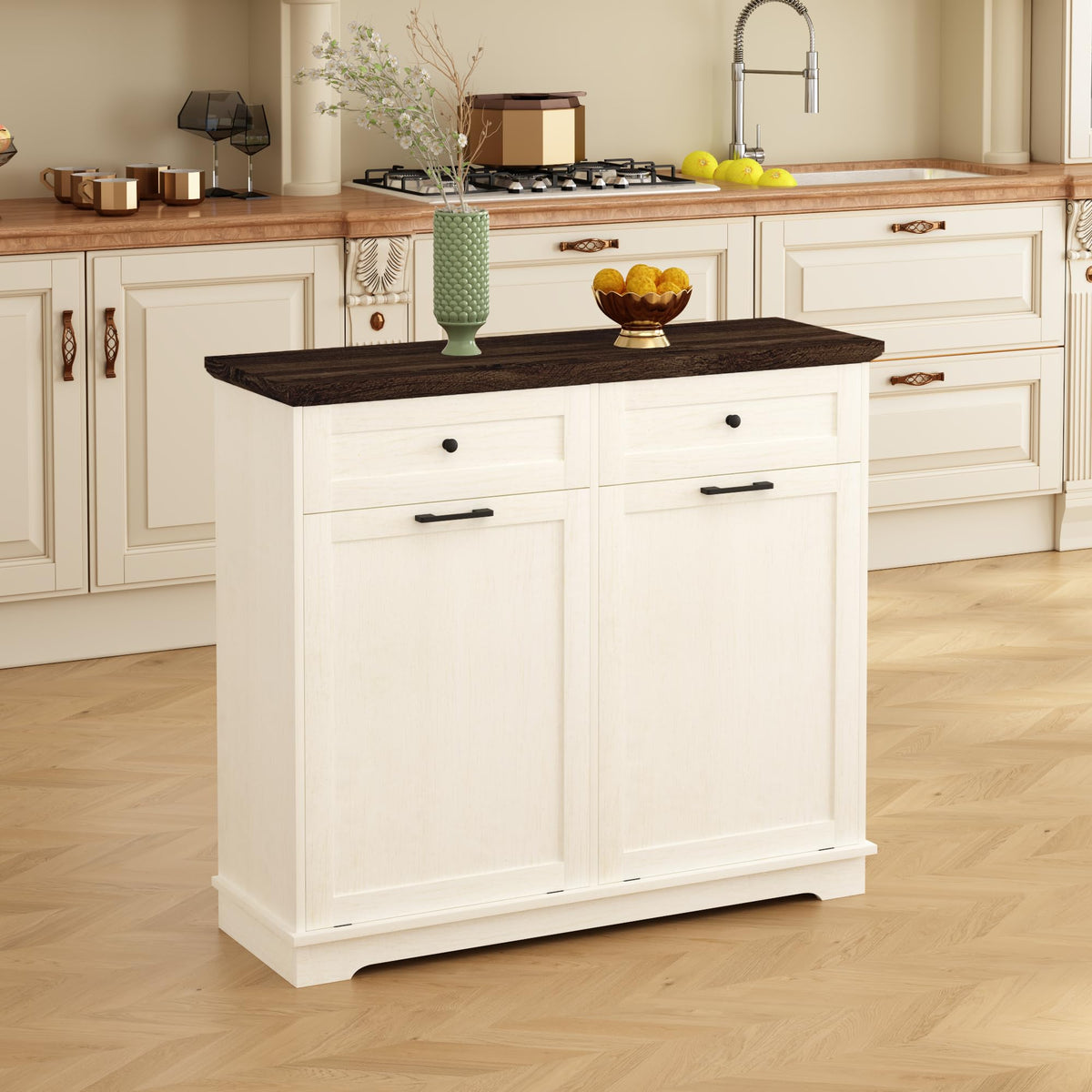 20 Gallon Double Tilt Out Wood Trash Can Cabinet with Drawer V10751