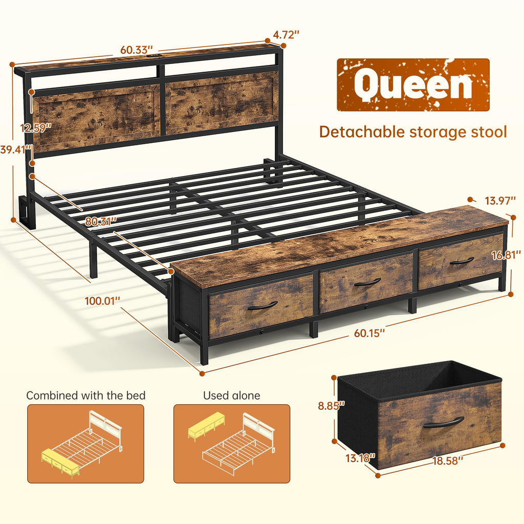 Queen Bed Frame with Ottoman & Charging Station X180312