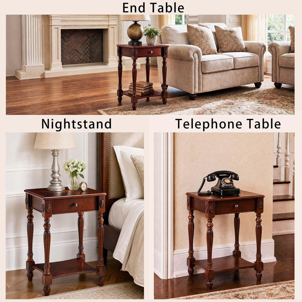 Solid Wood Side Table with Drawer and Storage Shelf F83263