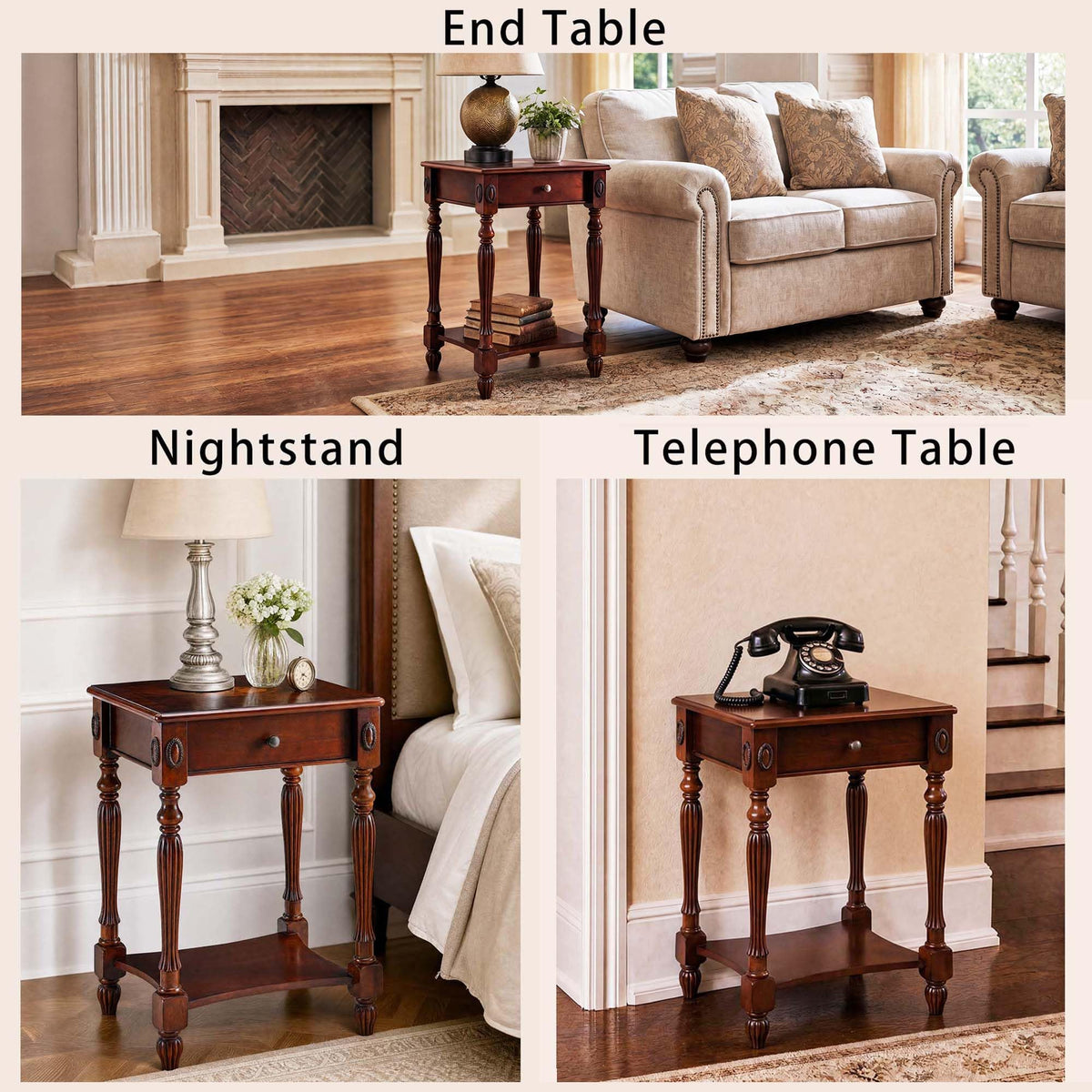 Solid Wood Side Table with Drawer and Storage Shelf F83263