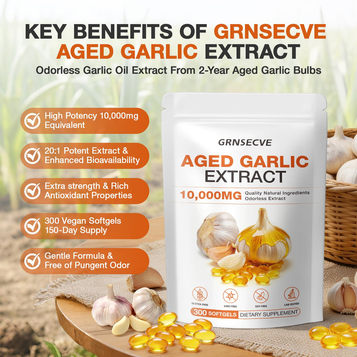 Odorless Garlic Capsules 10,000mg 300 Softgels O9392