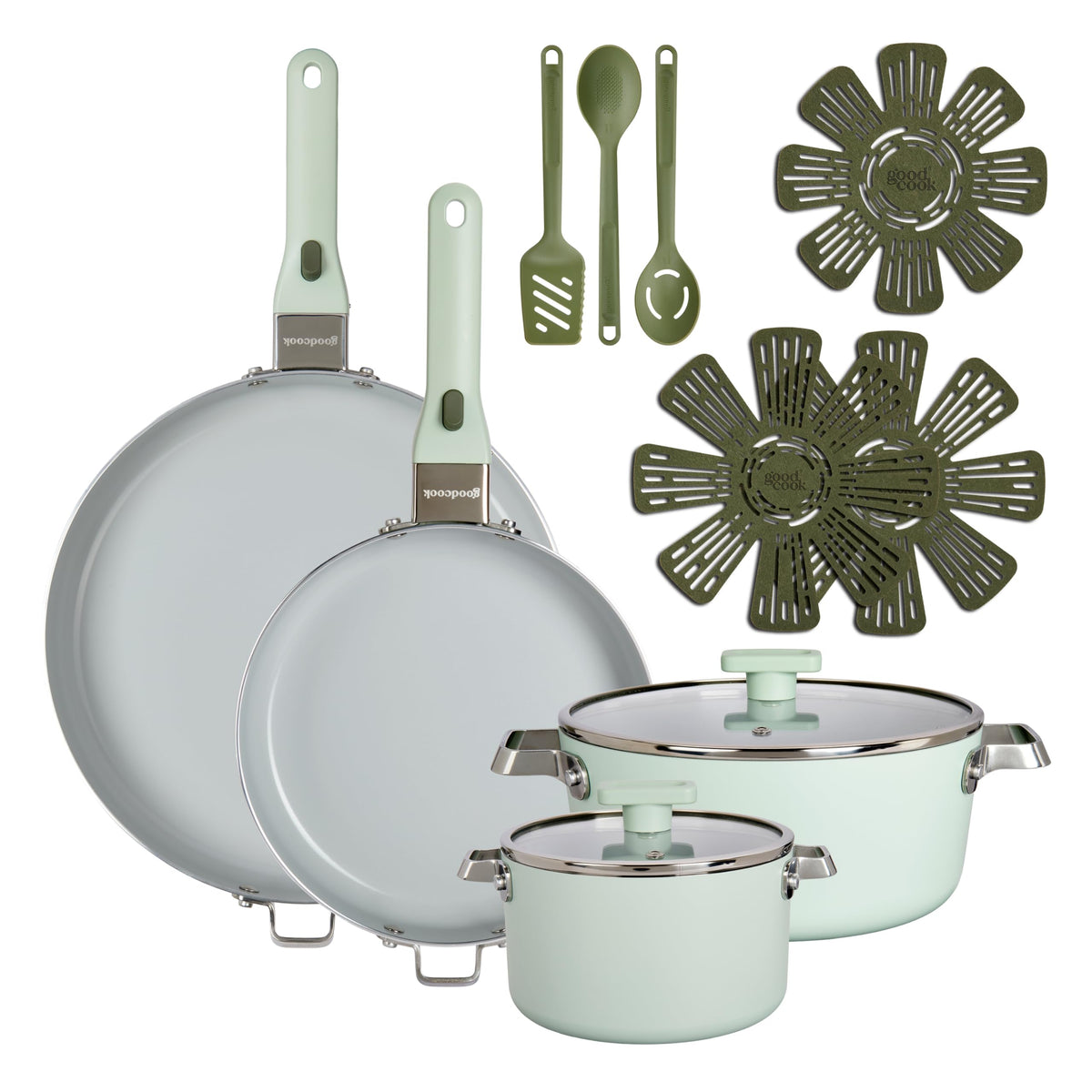 14-Piece Ceramic Cookware Set with Removable Handles, Sage Green G5876