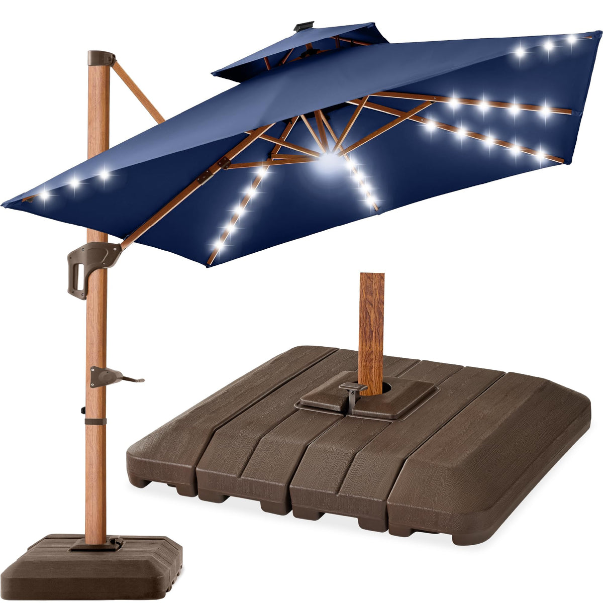 10ft Square Cantilever Patio Umbrella with Base and Solar LED Lights F648618