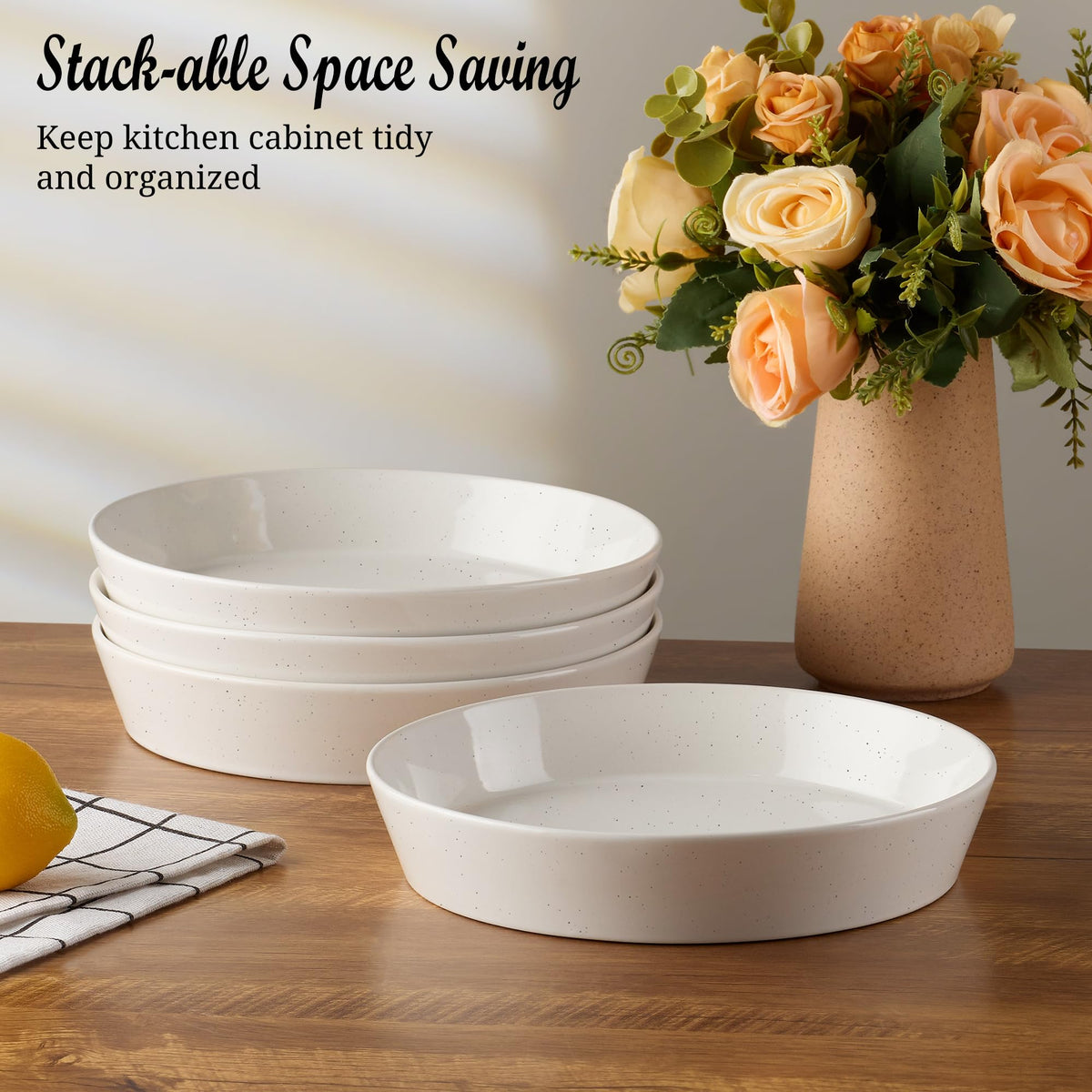 34oz Stoneware Pasta Bowls Set of 4 Speckled White R436