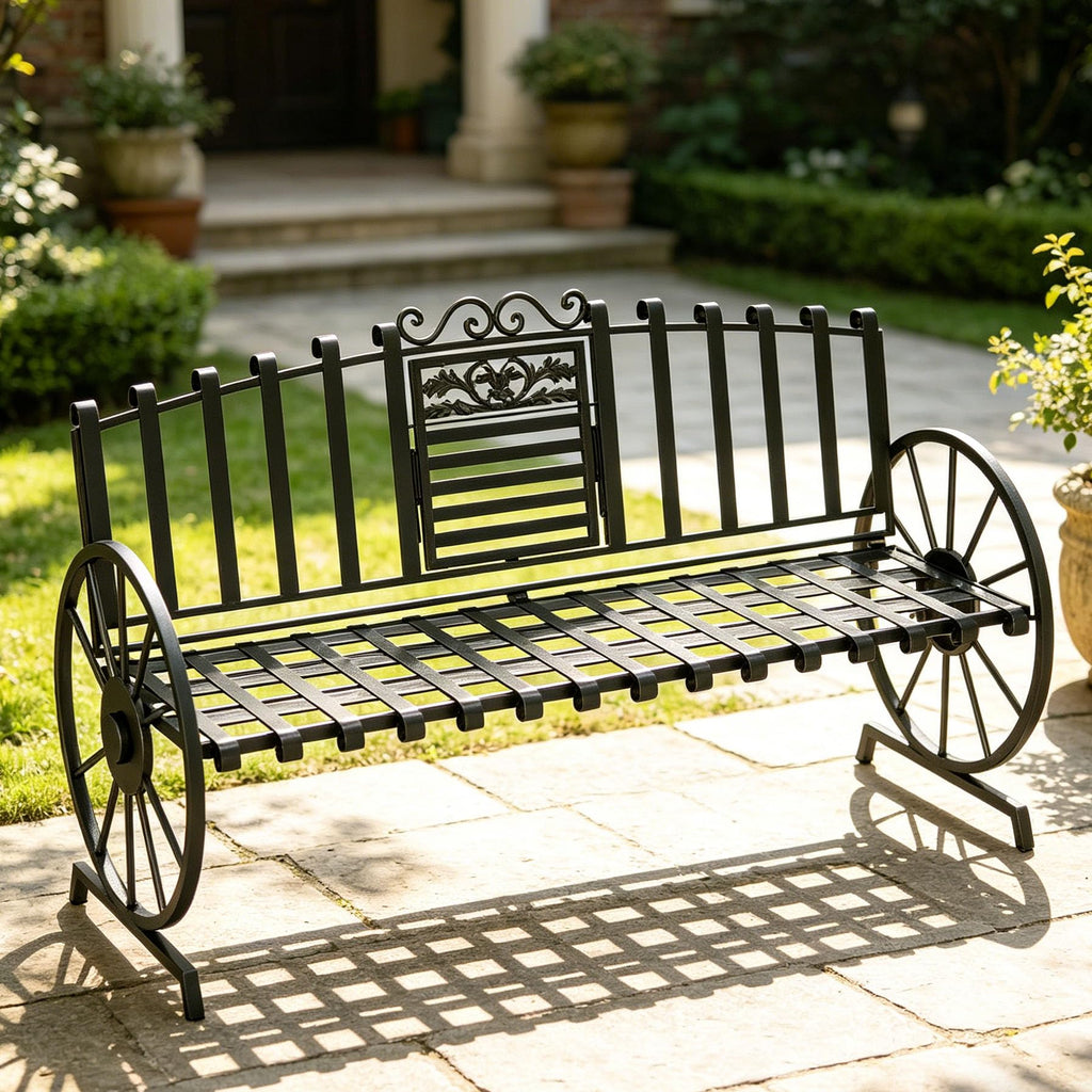 Black Outdoor Garden Bench with Built-in Table F20916