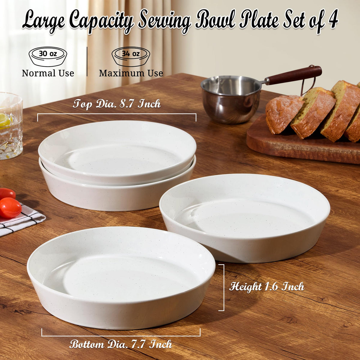 34oz Stoneware Pasta Bowls Set of 4 Speckled White R436