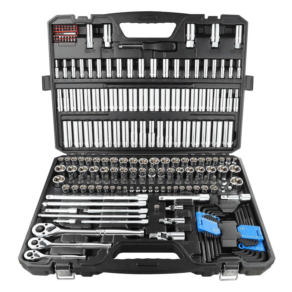 225PCS Mechanic Tool Set, 1/4" & 3/8" & 1/2" Drive Socket Wrench Set, Metric and Standard with 90-Tooth Ratchet E892