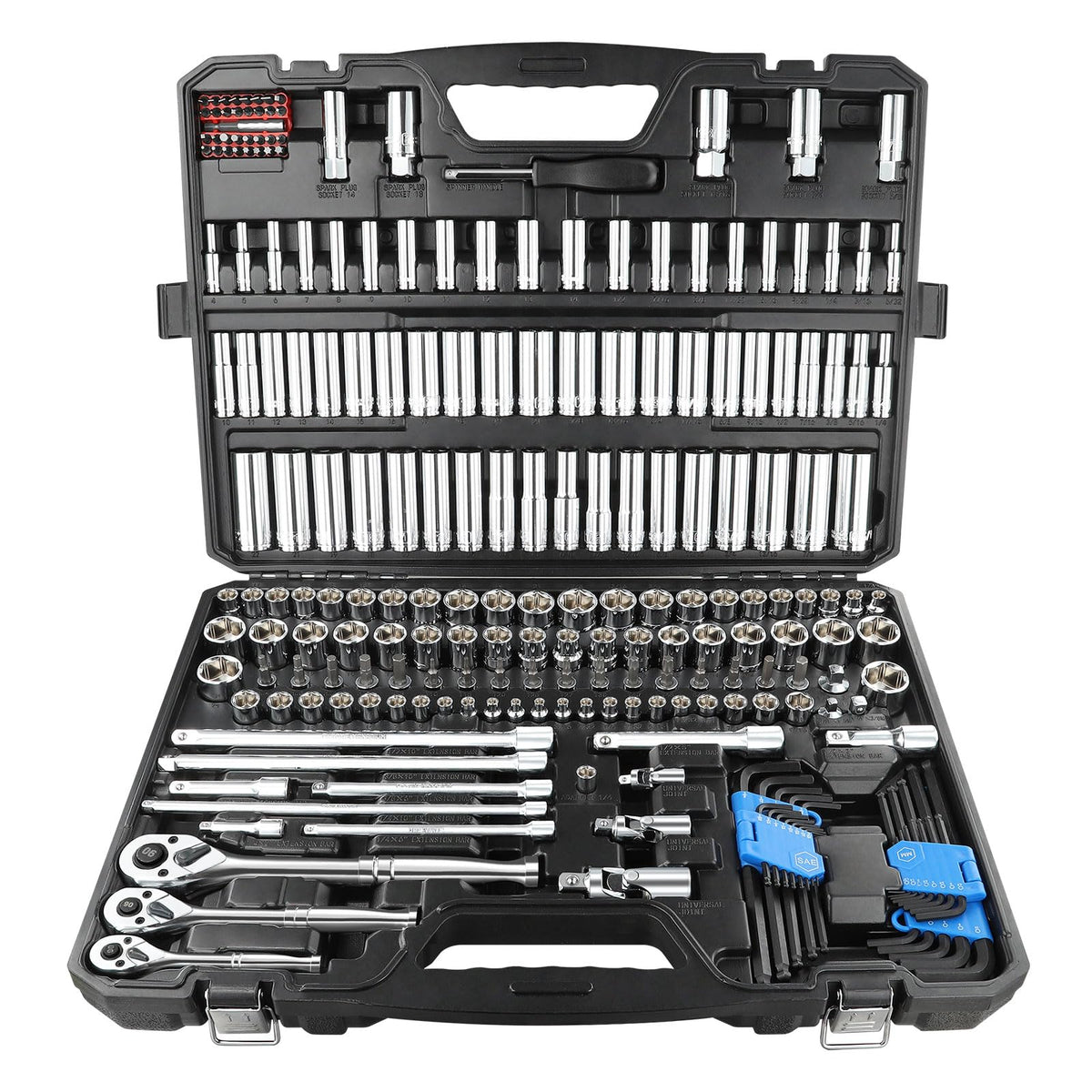 225PCS Mechanic Tool Set, 1/4" & 3/8" & 1/2" Drive Socket Wrench Set, Metric and Standard with 90-Tooth Ratchet E892