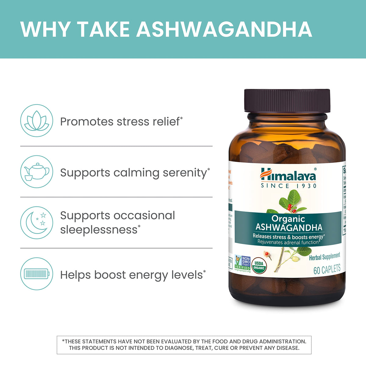 USDA Organic Ashwagandha Root 670 mg 60 Caplets R563