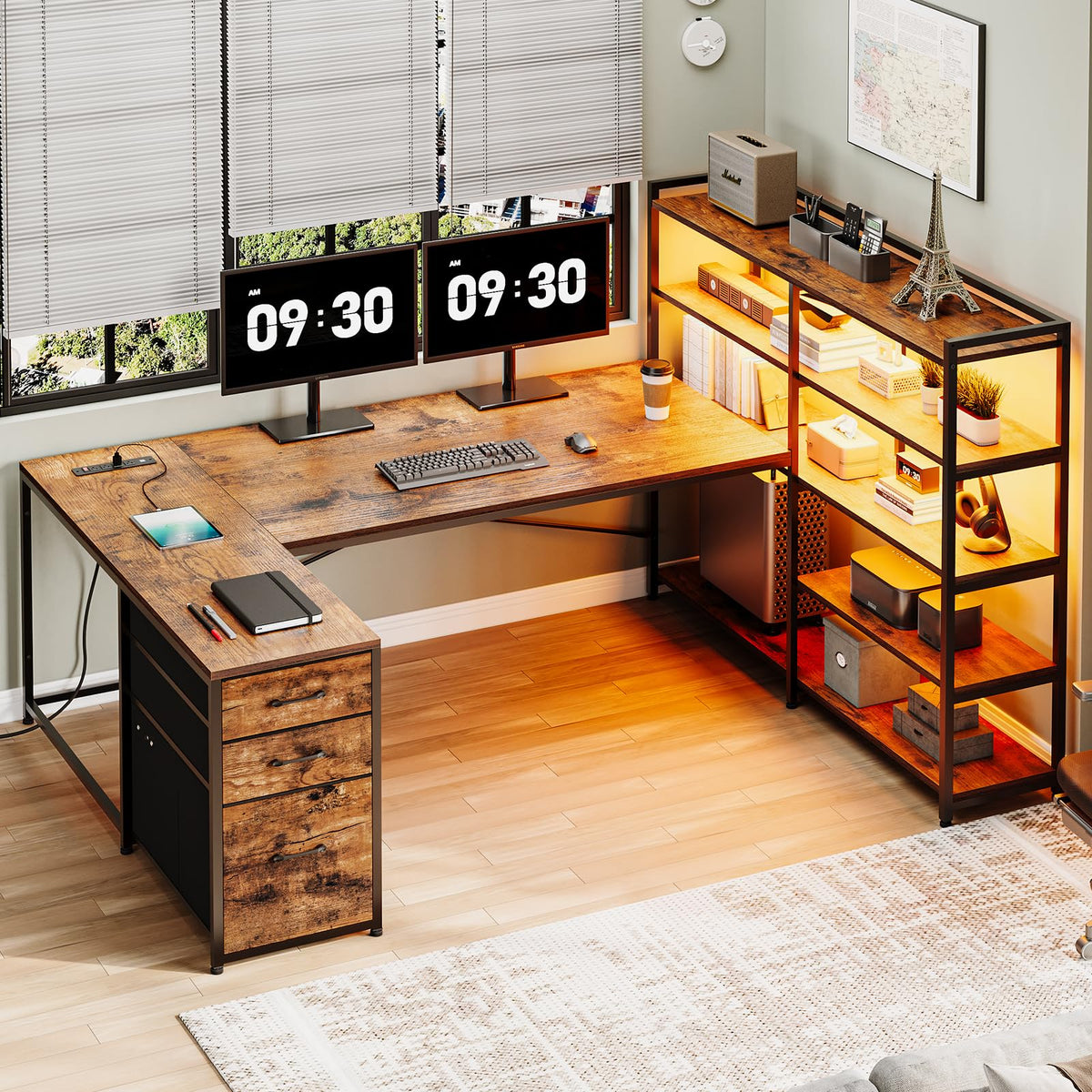 64.5" Reversible L Shaped Office Desk with Storage Drawers Y913451