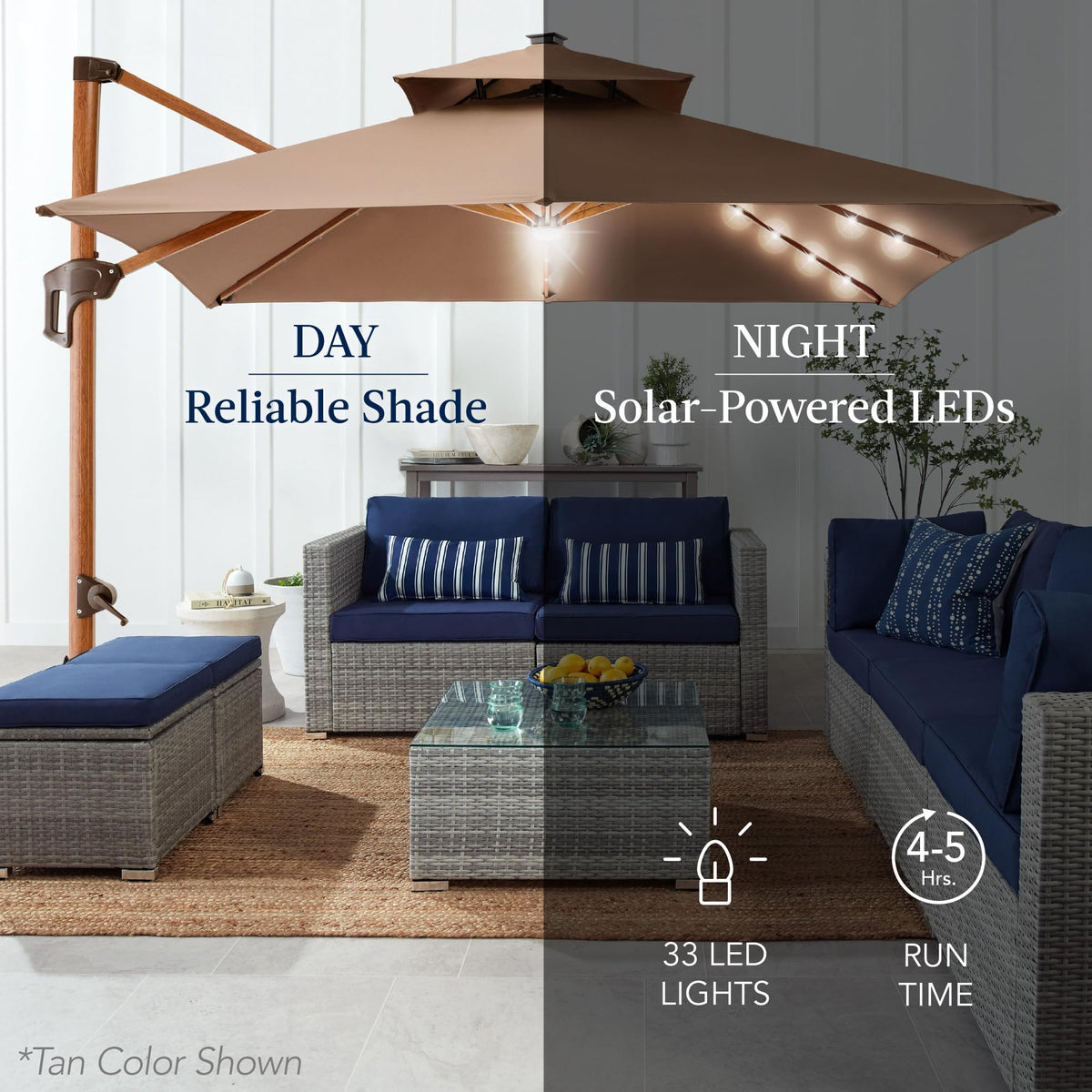 10ft Square Cantilever Patio Umbrella with Base and Solar LED Lights F648618