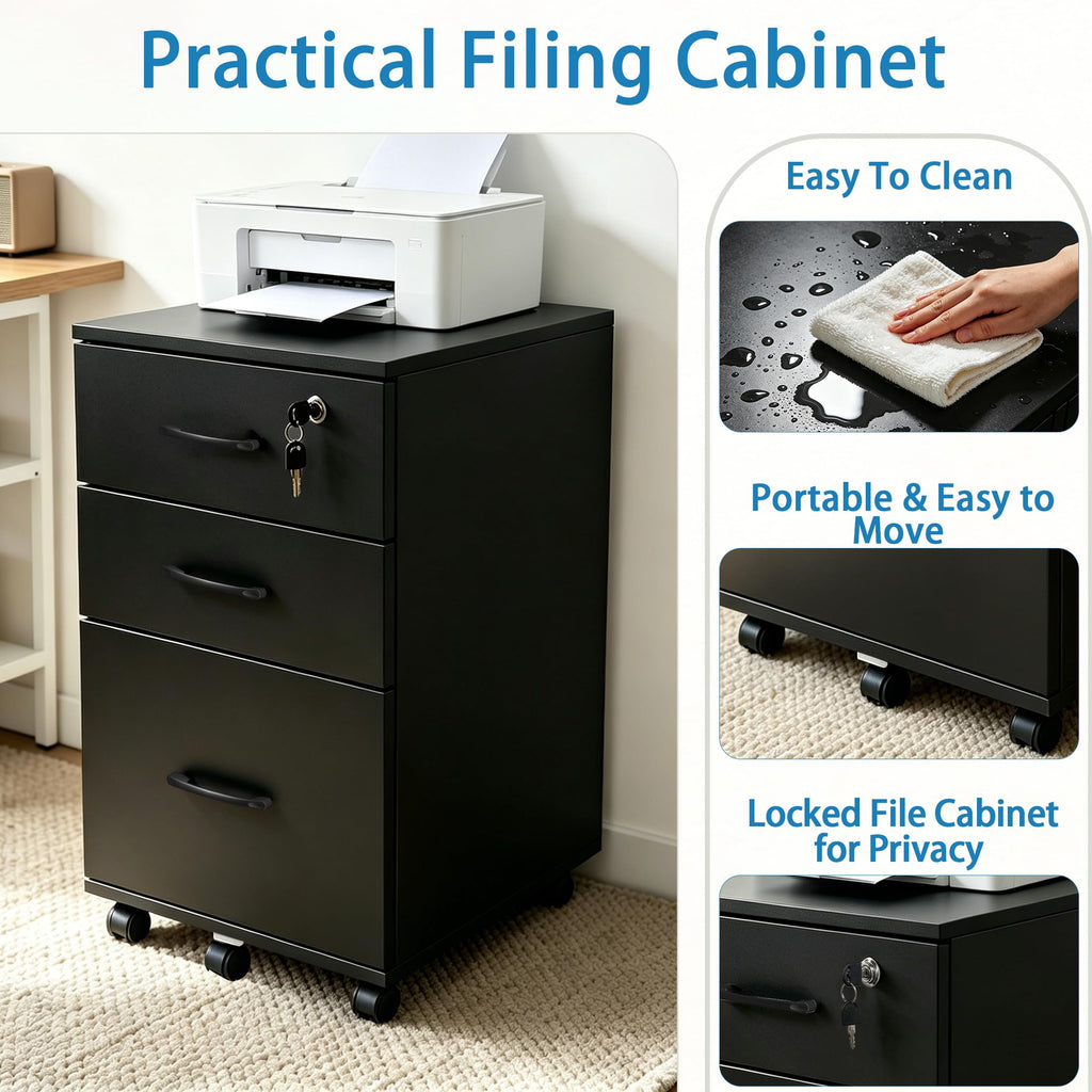 3 Drawer Black Wood File Cabinet with Lock M213712