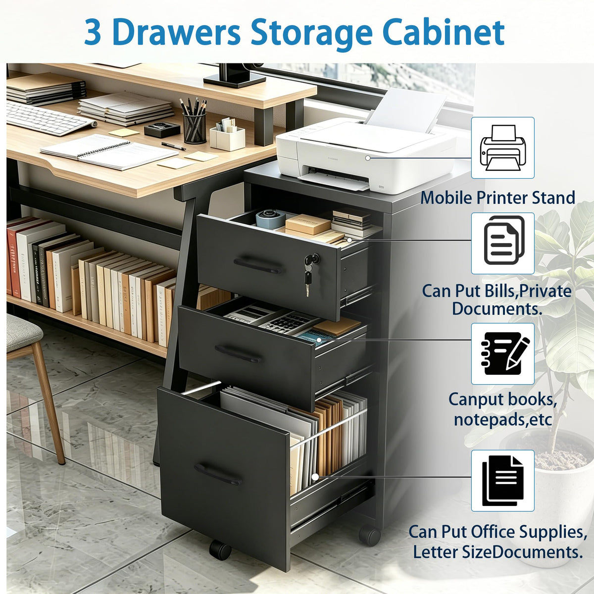 3 Drawer Black Wood File Cabinet with Lock M213712