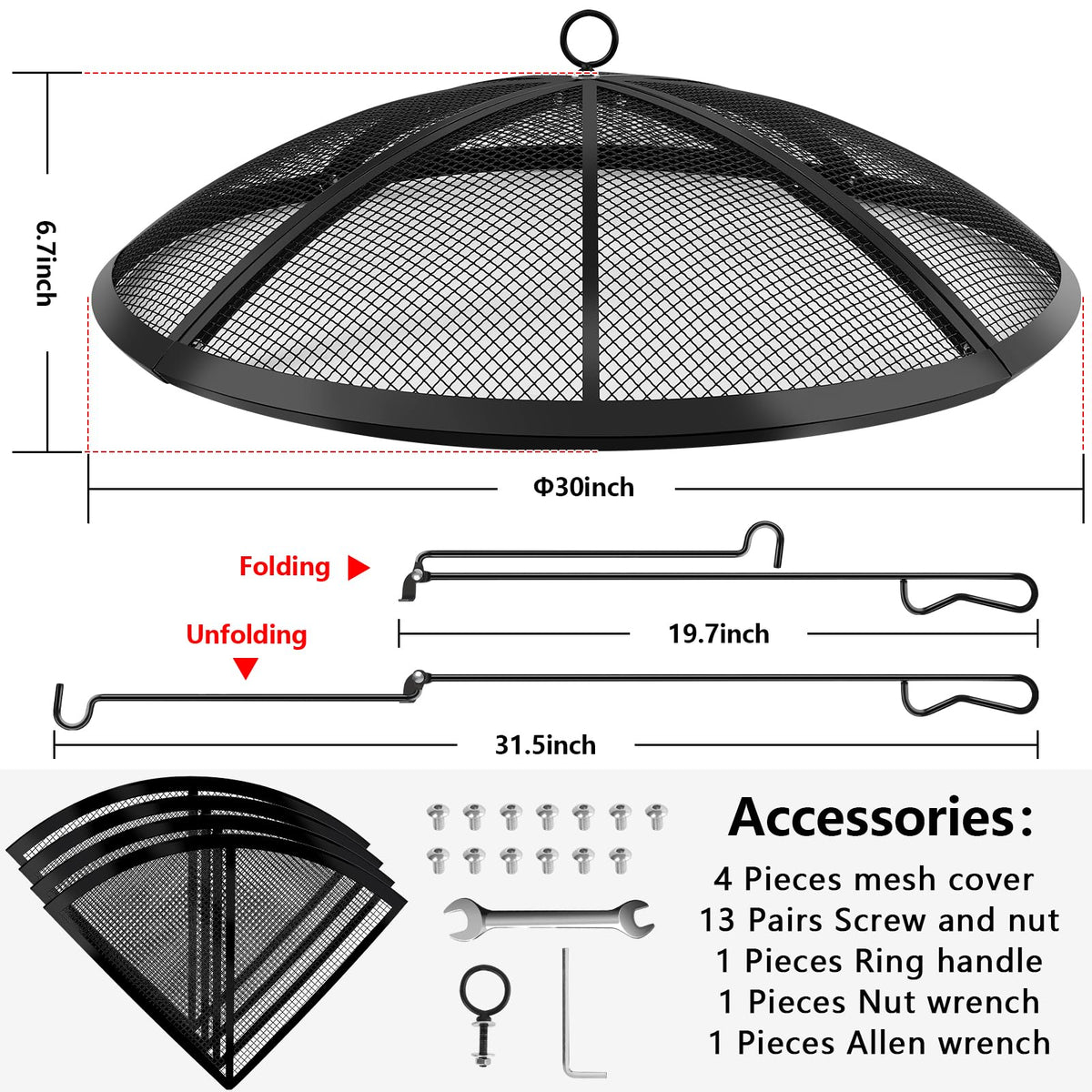 30 Inch Round Fire Pit Screen with Handle & Poker L6283