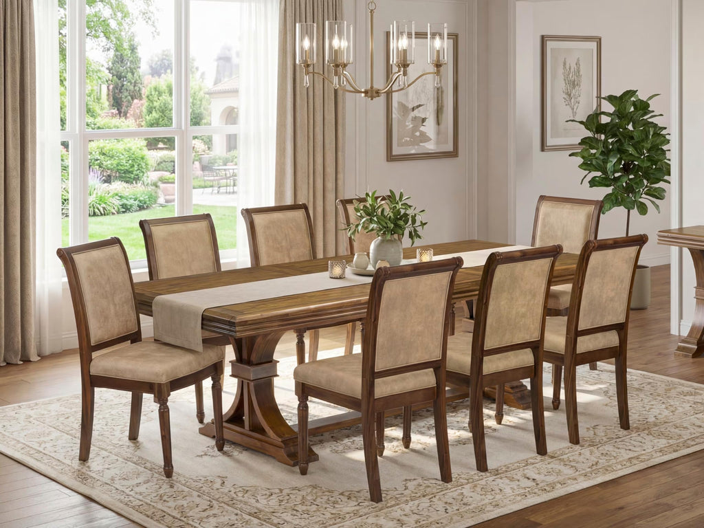 9 Piece Dining Table Set with 8 Beige Polyester Chairs P19853