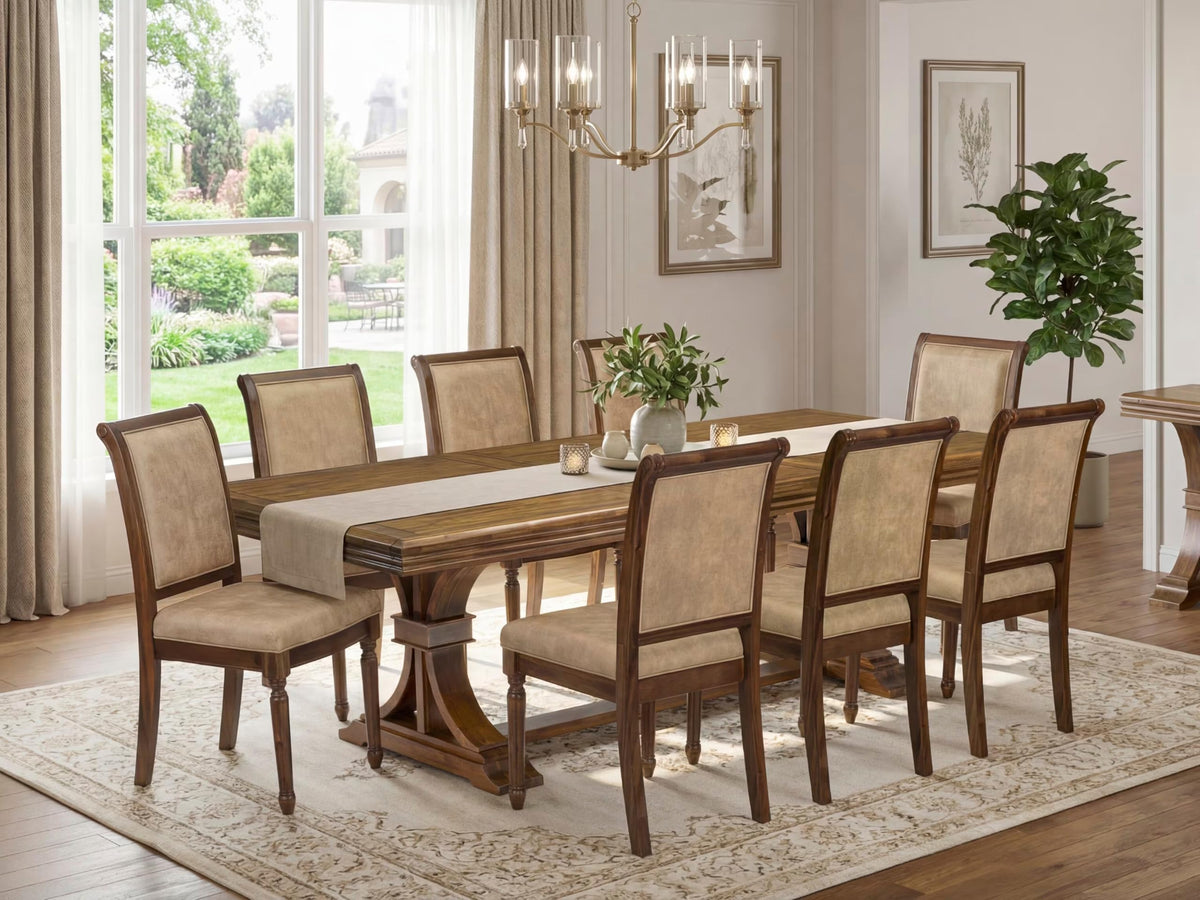 9 Piece Dining Table Set with 8 Beige Polyester Chairs P19853