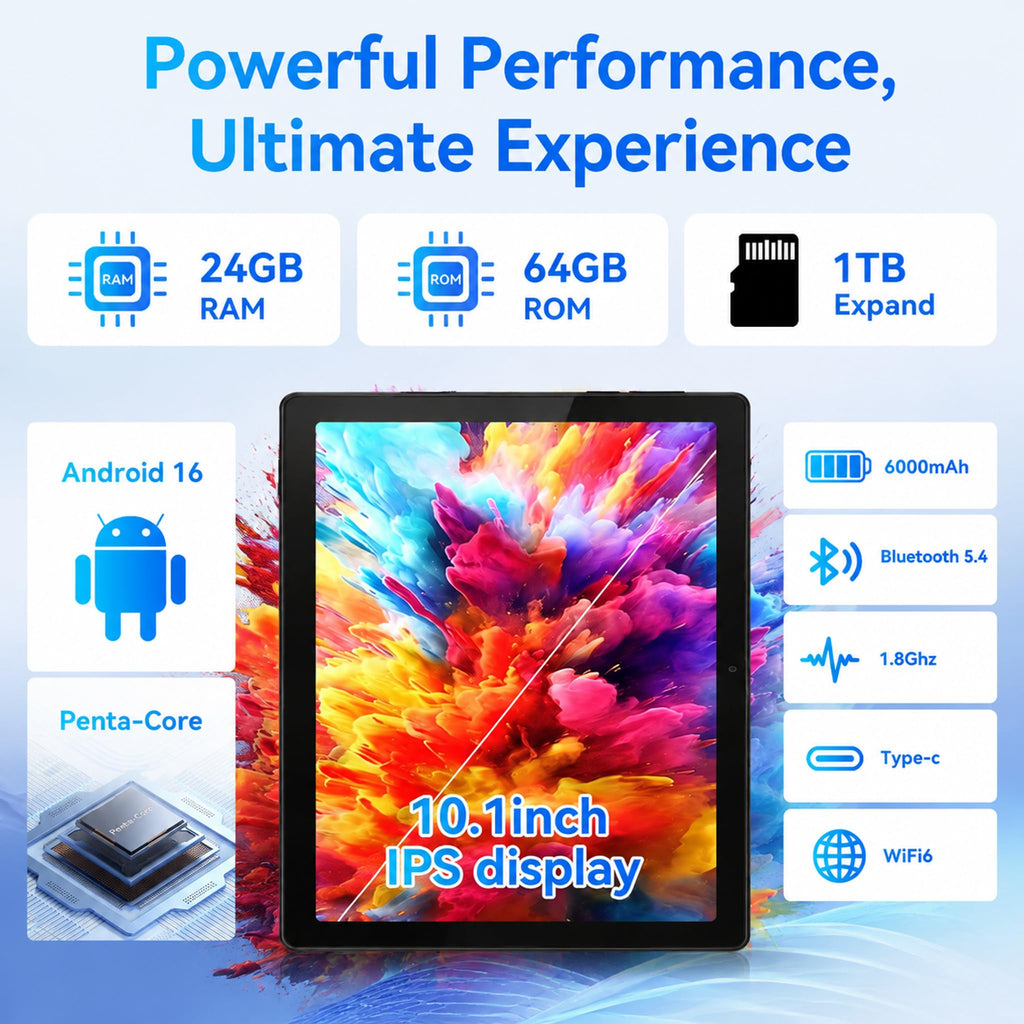 Android 16 Tablet with Keyboard Mouse Stylus Case, 64GB ROM 10.1 inch HD IPS Screen, 6000mAh Battery, WiFi 6 Tablets Bundle Q74185