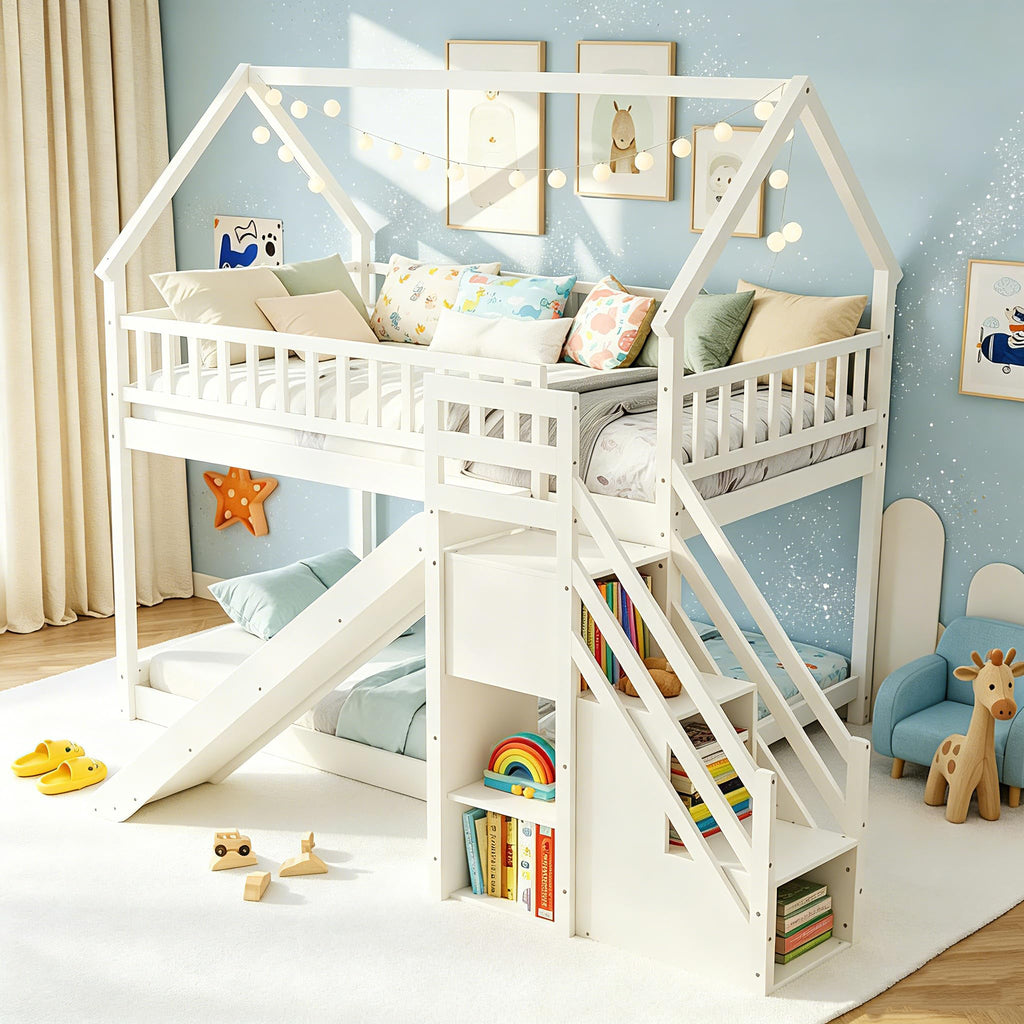 White Twin Over Twin Wood Bunk Bed with Slide and Stairs P58095