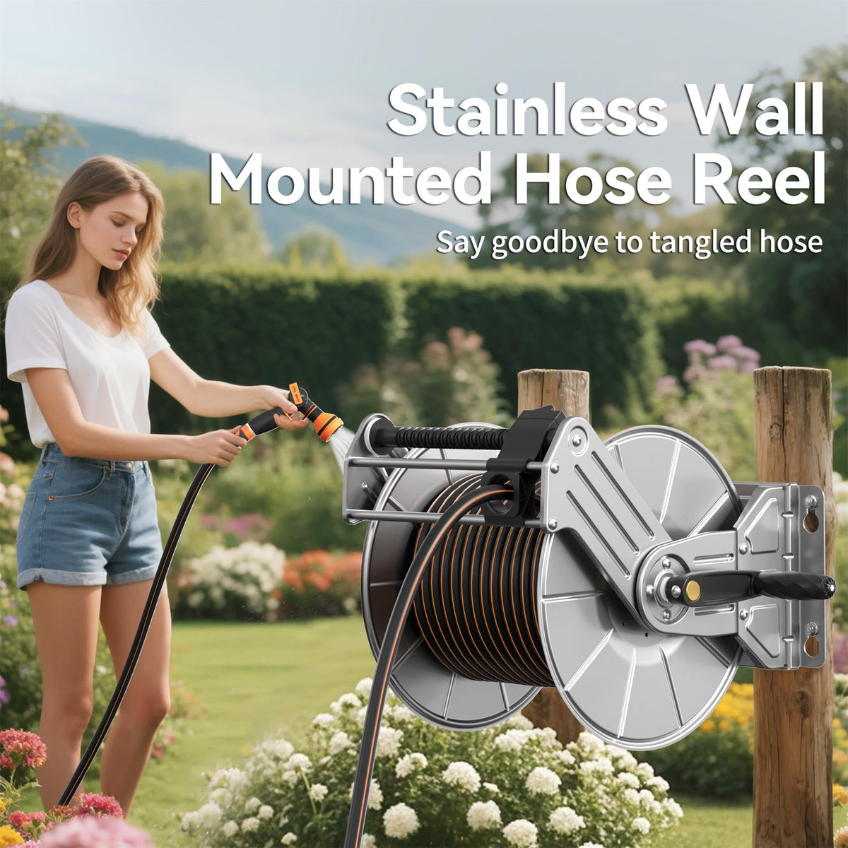 Wall Mounted Stainless Steel Garden Hose Reel N72736