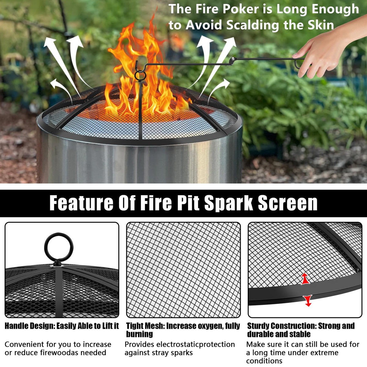 30 Inch Round Fire Pit Screen with Handle & Poker L6283